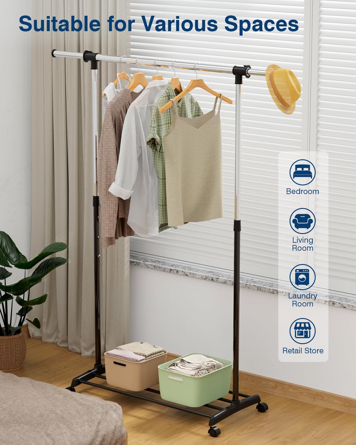 Whitmor freestanding design supports clothing without permanent fixtures.
