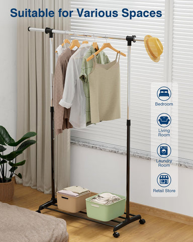 Whitmor freestanding design supports clothing without permanent fixtures.