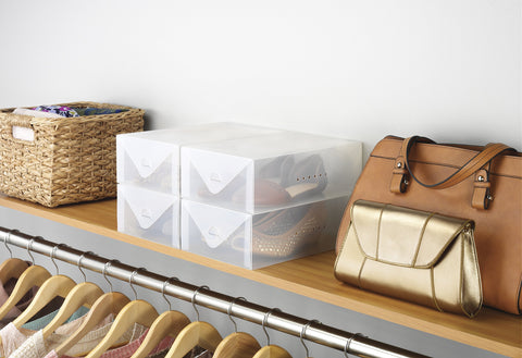 Whitmor Clear Vue stackable box front view demonstrates space-saving organization.