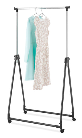 Whitmor collapsible-design garment rack stores compactly when not in use.