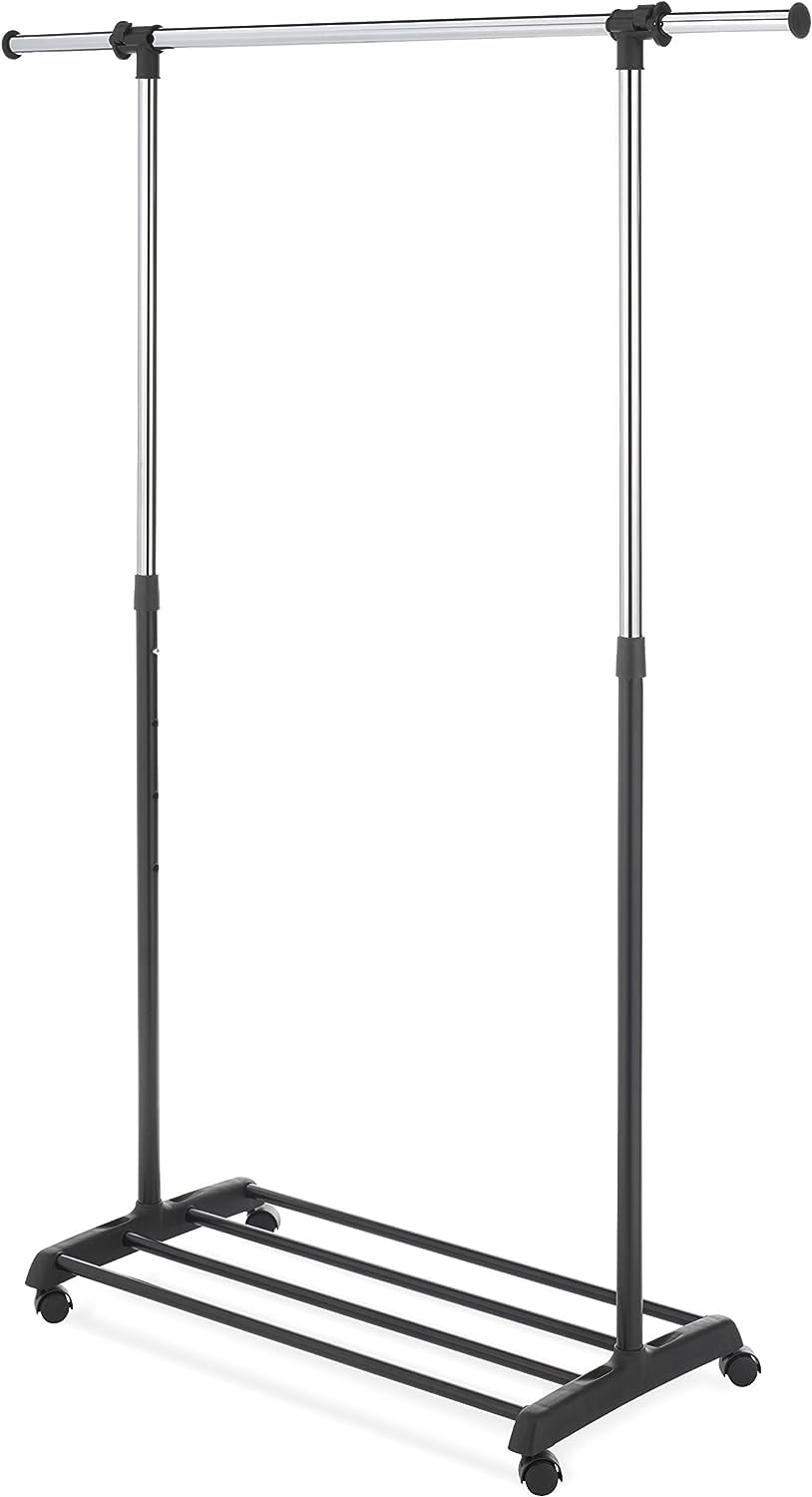 Whitmor Deluxe Adjustable Garment Rack on wheels, ideal for quick clothes transport.