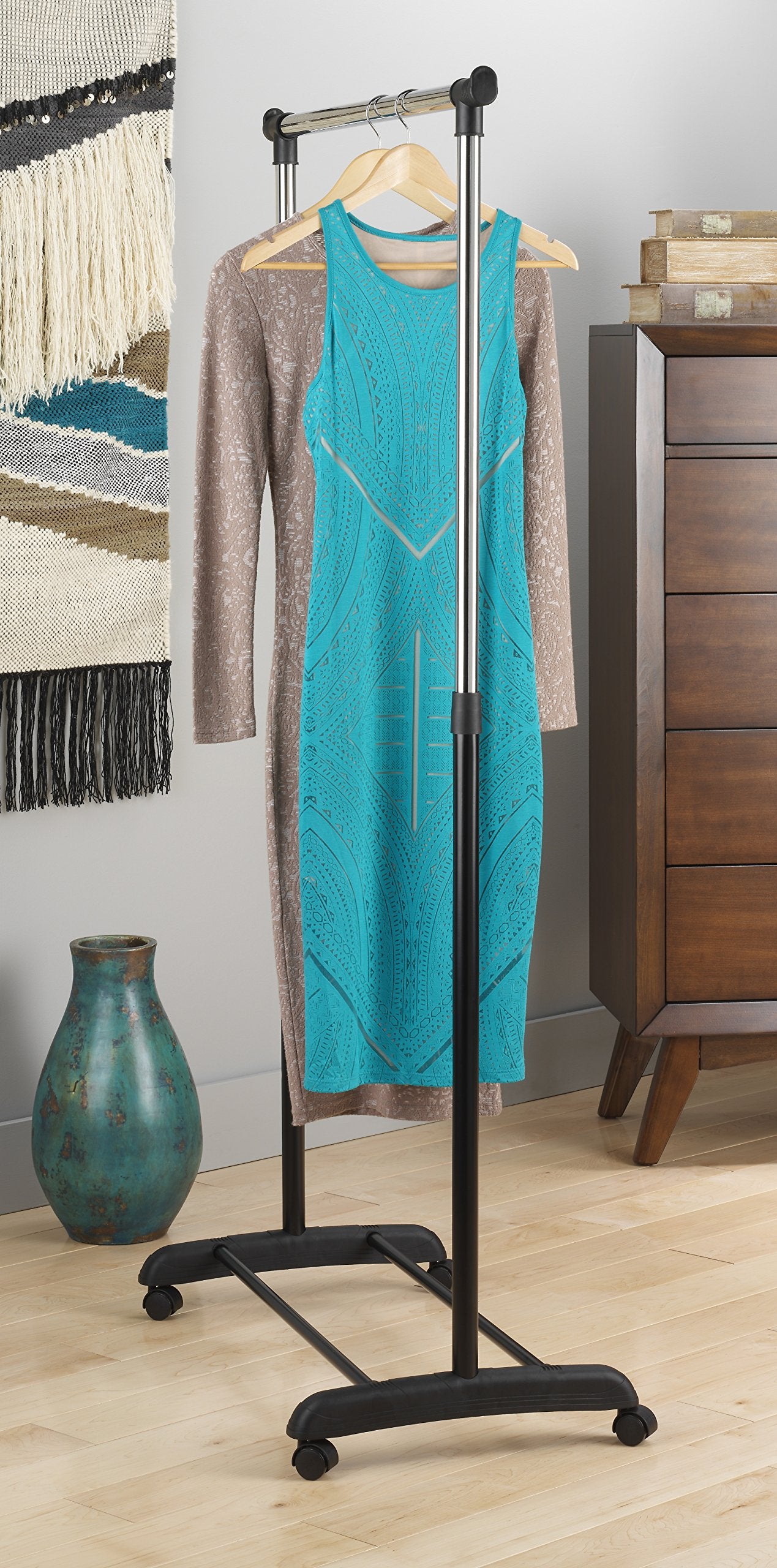 Whitmor durable garment rack supports up to fifty pounds.