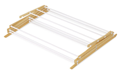 Whitmor wood drying rack showing assembled dimensions 17 by 29.5 by 43.5 inches
