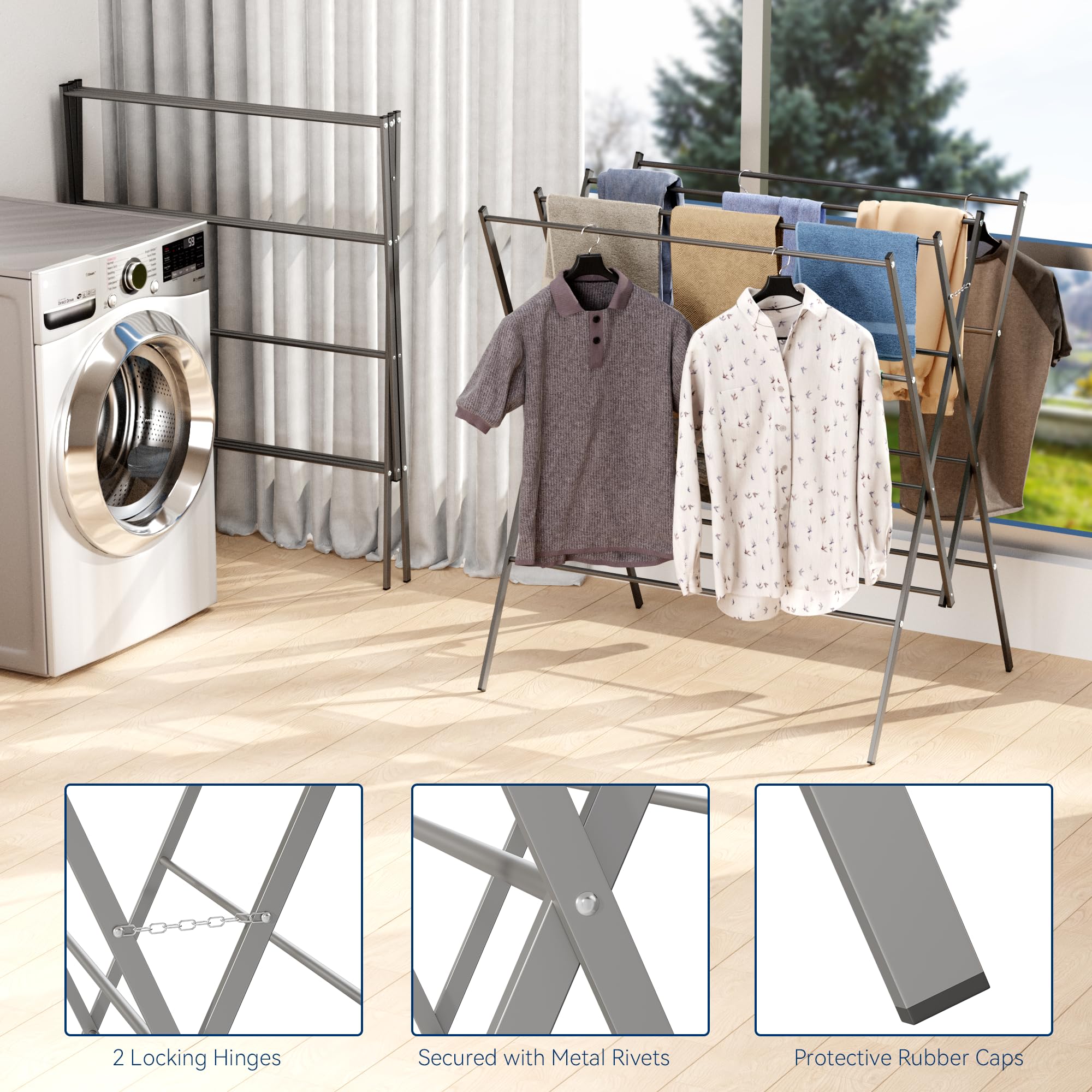 Whitmor non-slip feet protect floors while drying indoors or outdoors.
