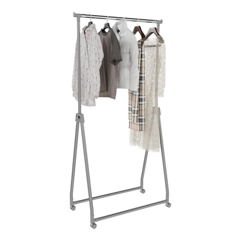 Whitmor foldable garment rack with height-adjustable top rod for versatile hanging space.