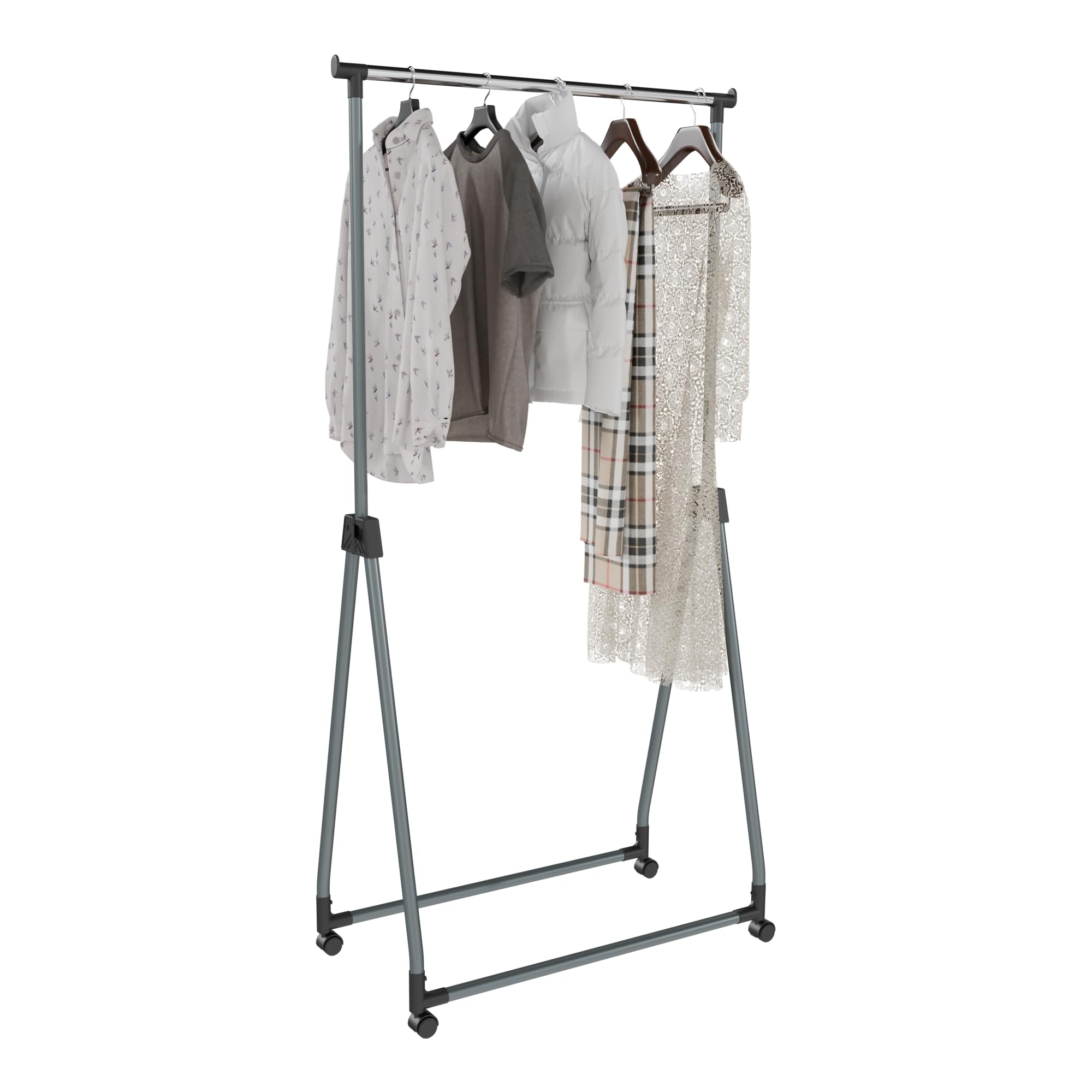 Whitmor foldable garment rack with rolling wheels for easy movement.