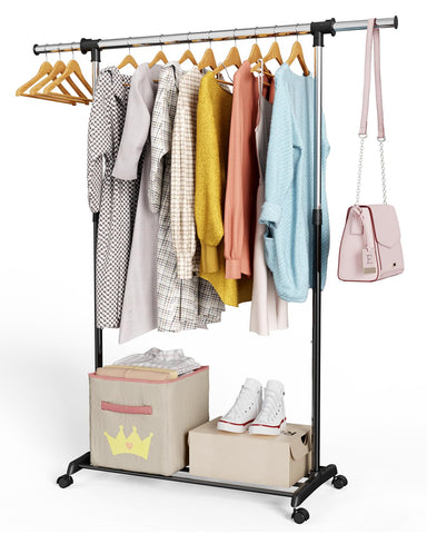 Whitmor garment rack with wheels enables easy relocation during cleaning or redecorating.