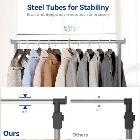 Whitmor garment rack with rolling wheels and brakes for easy movement.