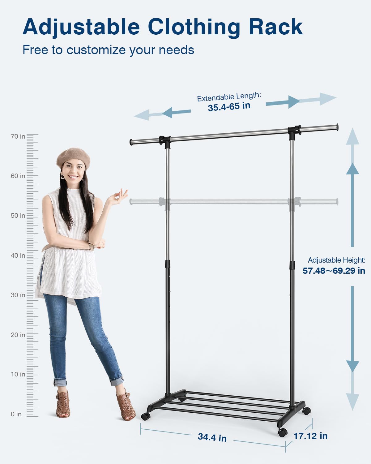 Whitmor garment rack height-adjustable to fit tall outfits and closets.