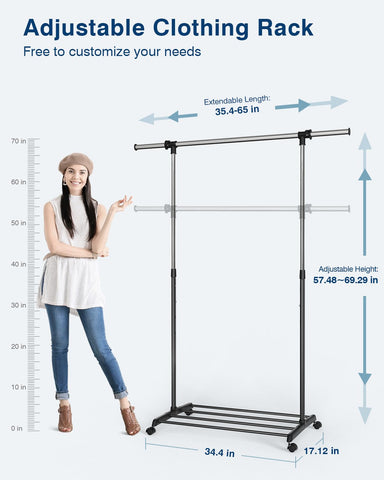 Whitmor garment rack height-adjustable to fit tall outfits and closets.