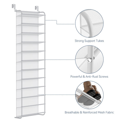Whitmor 12-tier hanging rack fits standard doors for compact storage.