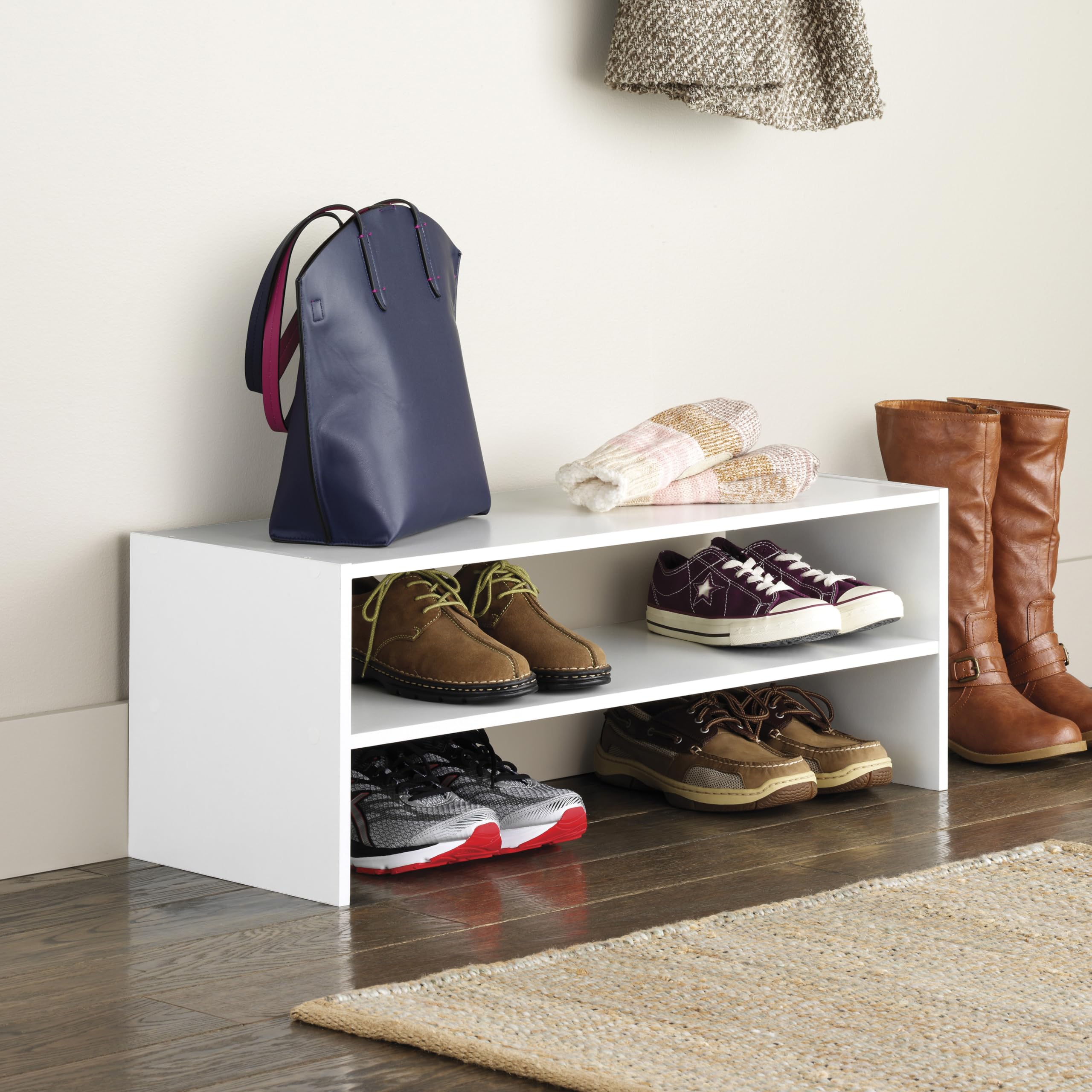 Whitmor two-shelf rack in use keeps shoes neatly accessible.