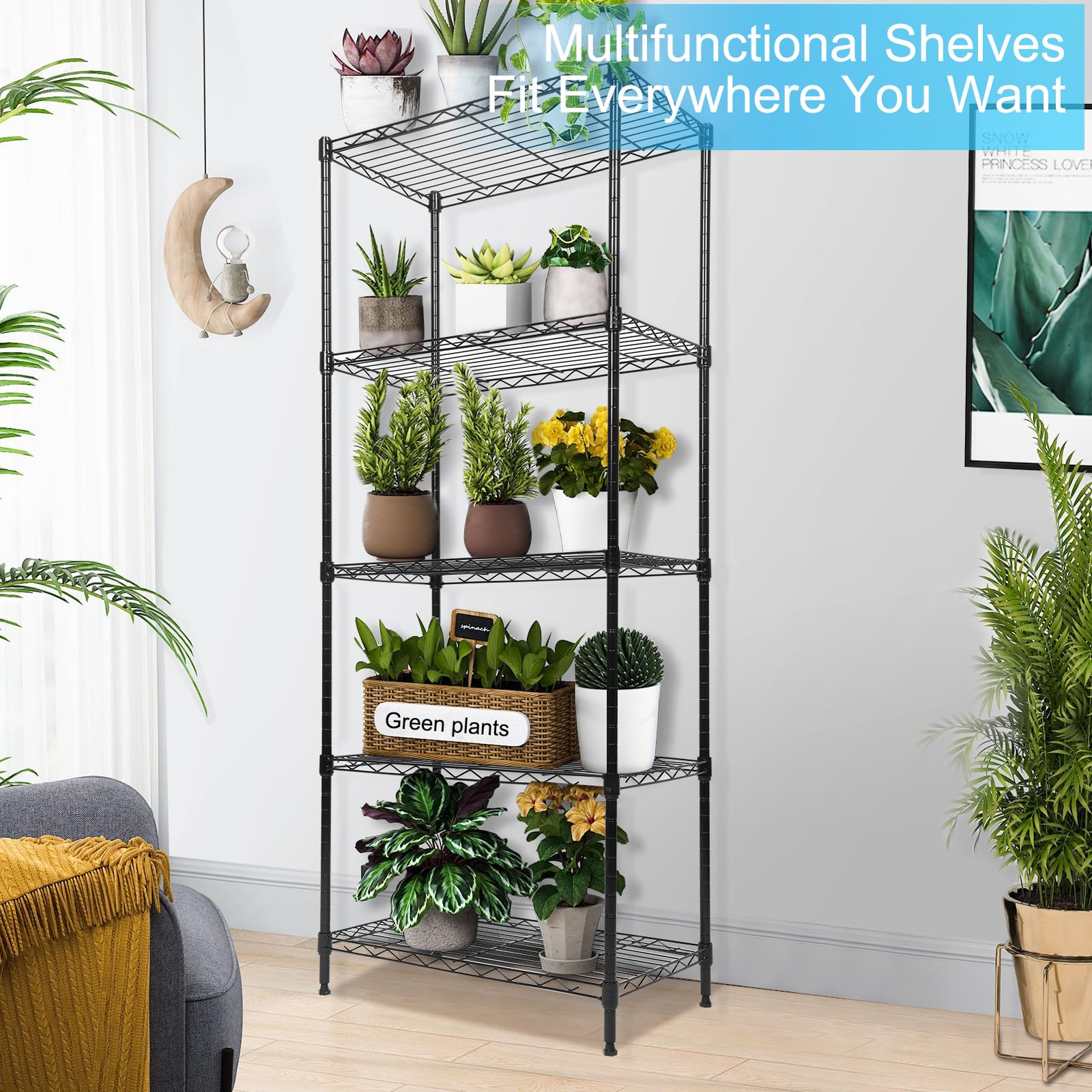 Whitmor shelving unit in a laundry room for organized cleaning supplies.