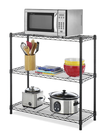 Whitmor leveling feet and grid shelves stabilize on uneven floors.