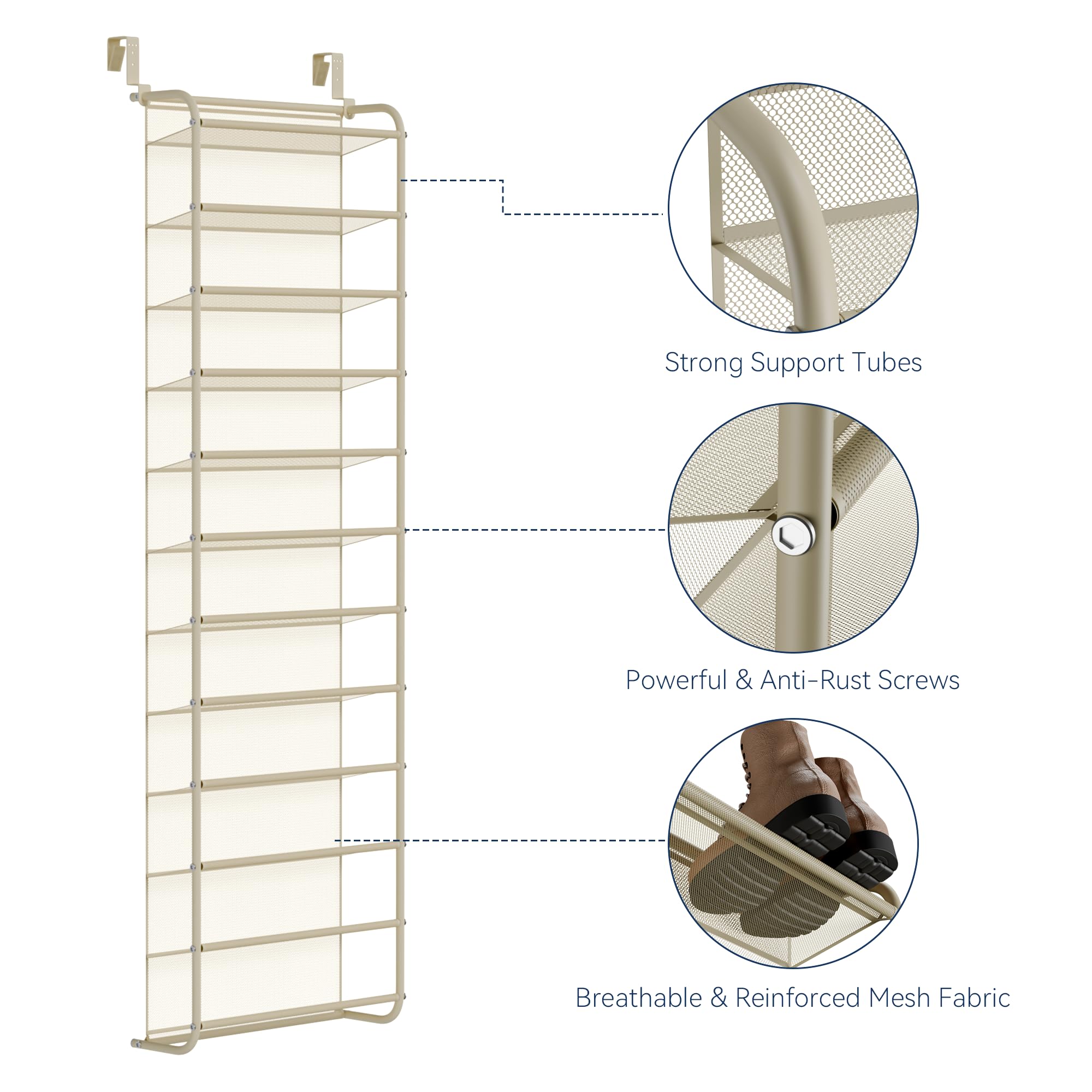 Whitmor metal frame with mesh back keeps shoes in place and doors scuff-free.