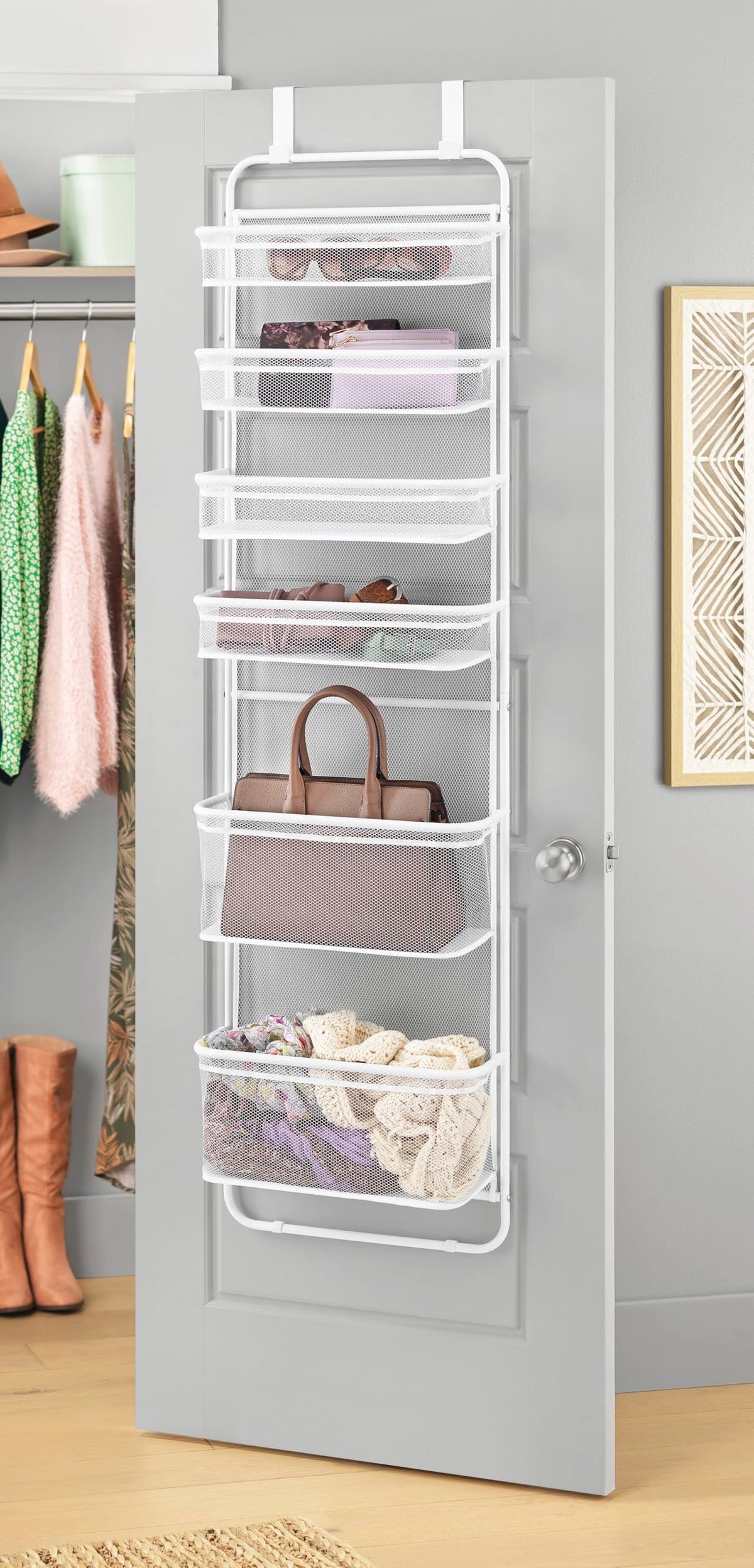 Whitmor over the door organizer with six shelves ideal for pantry storage.