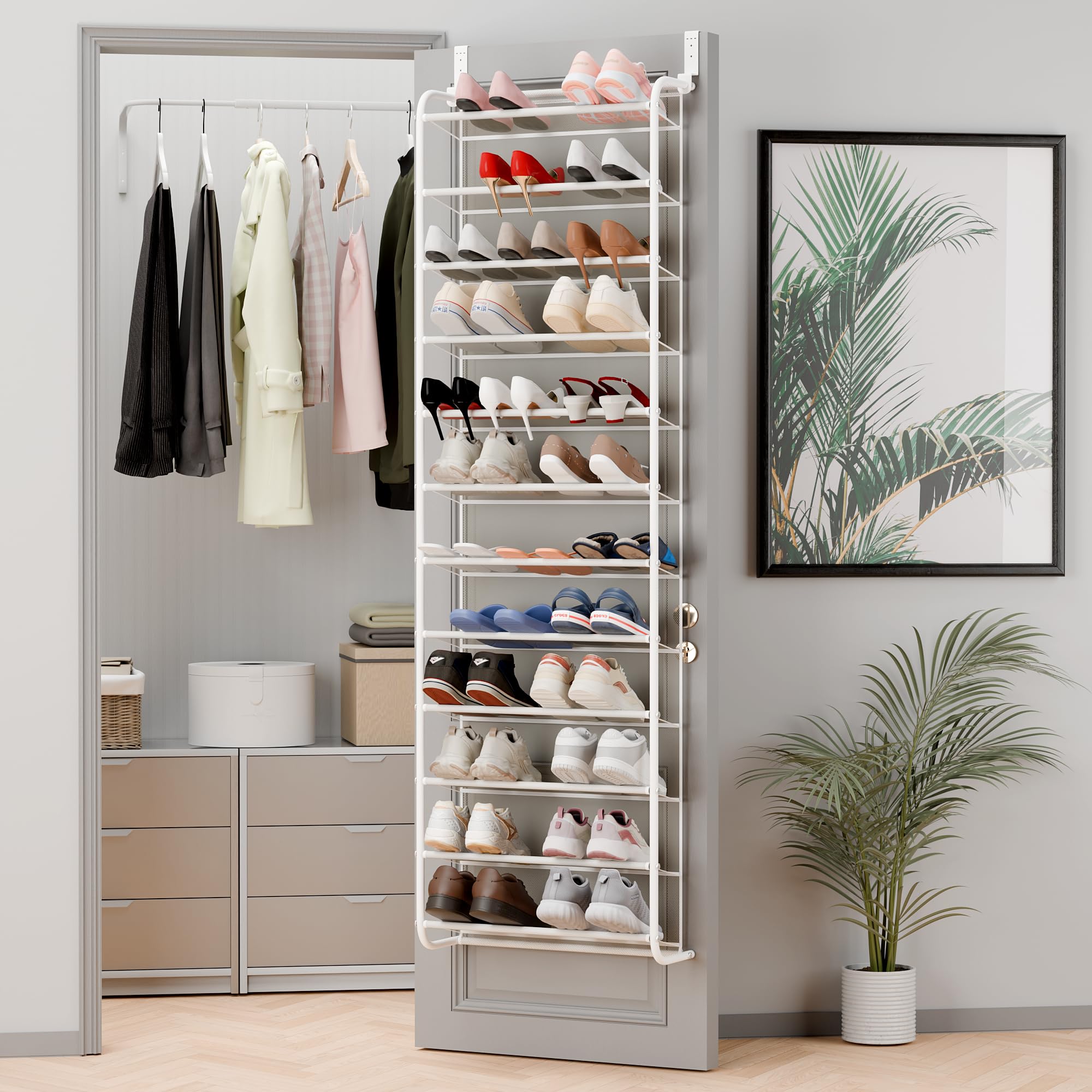 Whitmor over-the-door shoe organizer stores 36 pairs for quick selection.
