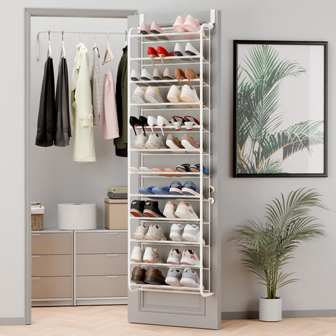 Whitmor over-the-door shoe organizer stores 36 pairs for quick selection.