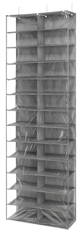 Whitmor over-the-door shoe organizer with crosshatch gray keeps shoes visible and accessible.