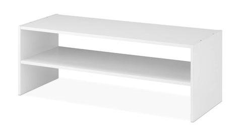 Whitmor particle-board veneer storage rack neatly stores shoes and accessories.