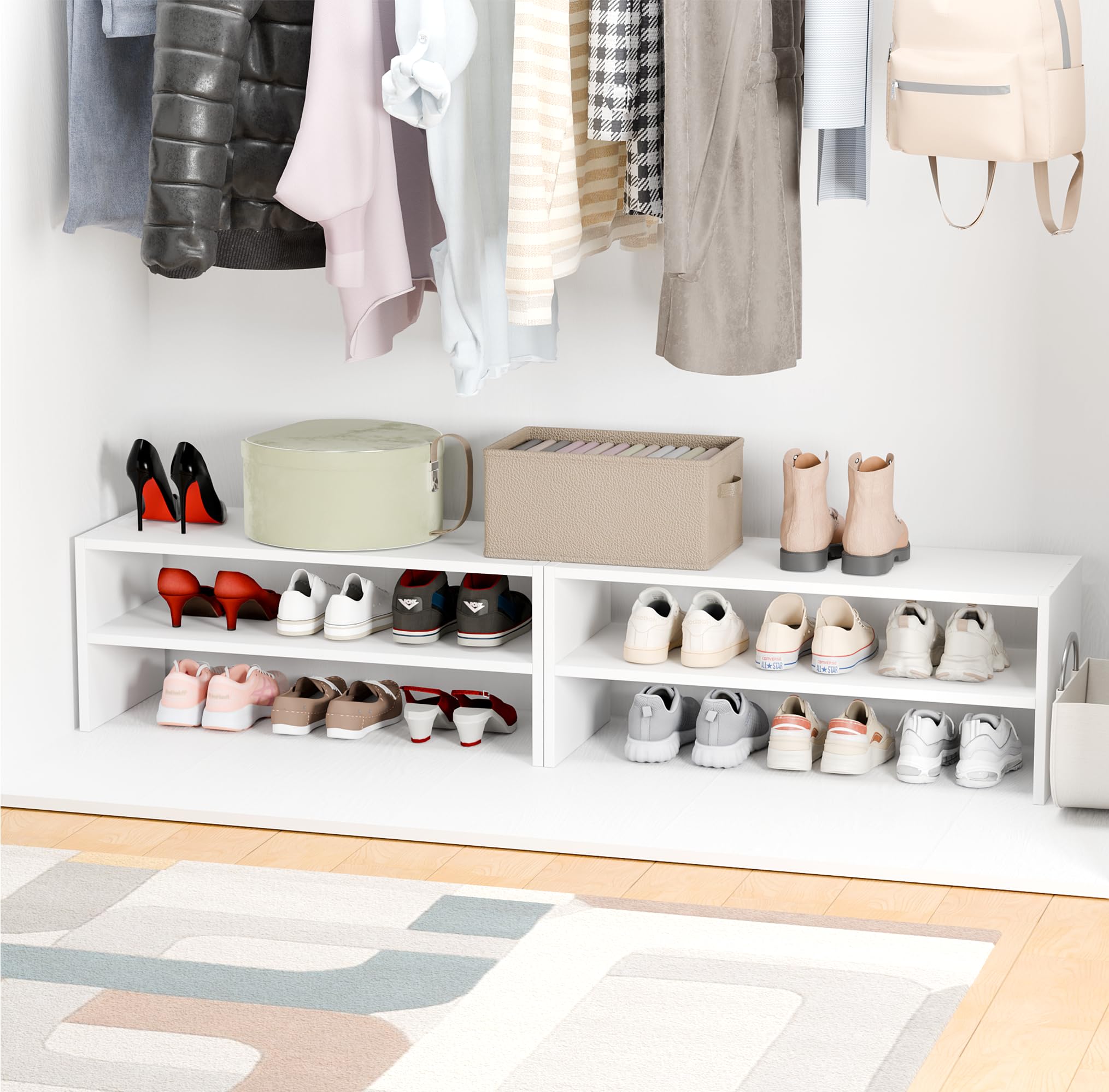 Whitmor storage for shoes and accessories demonstrates versatile closet use.