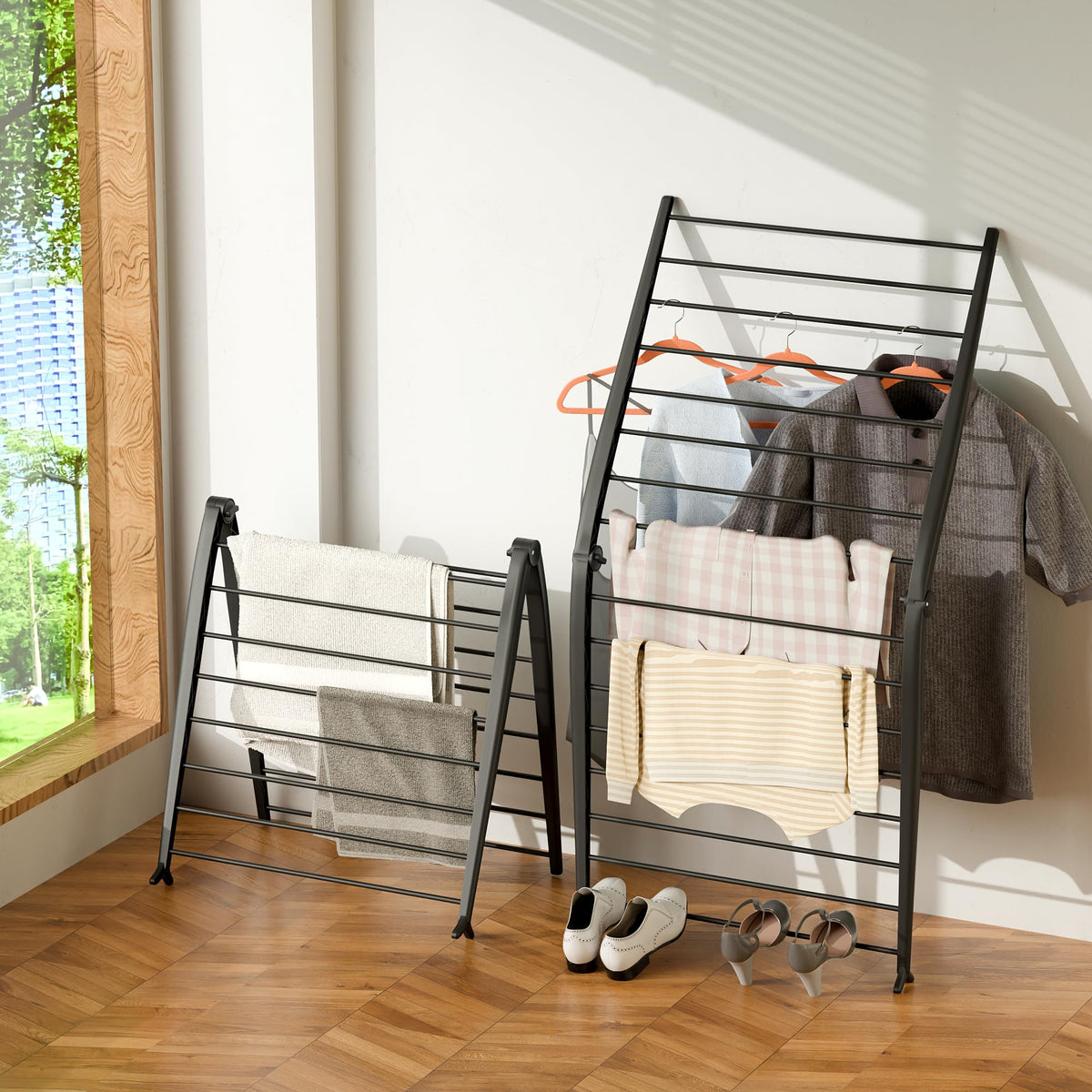 Whitmor Spacemaker drying rack front view demonstrates compact space-saving design