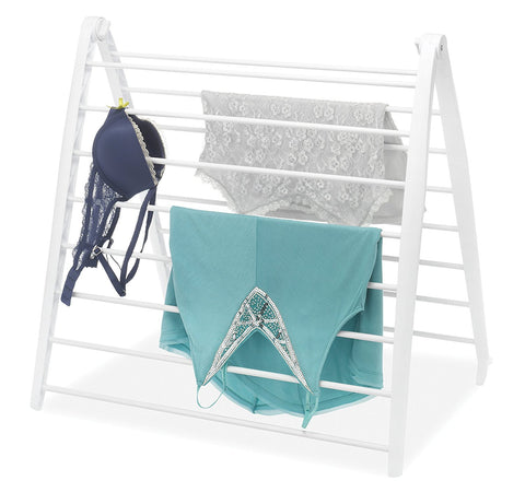 Whitmor Spacemaker drying rack in use, drying clothes with gentle air-flow.