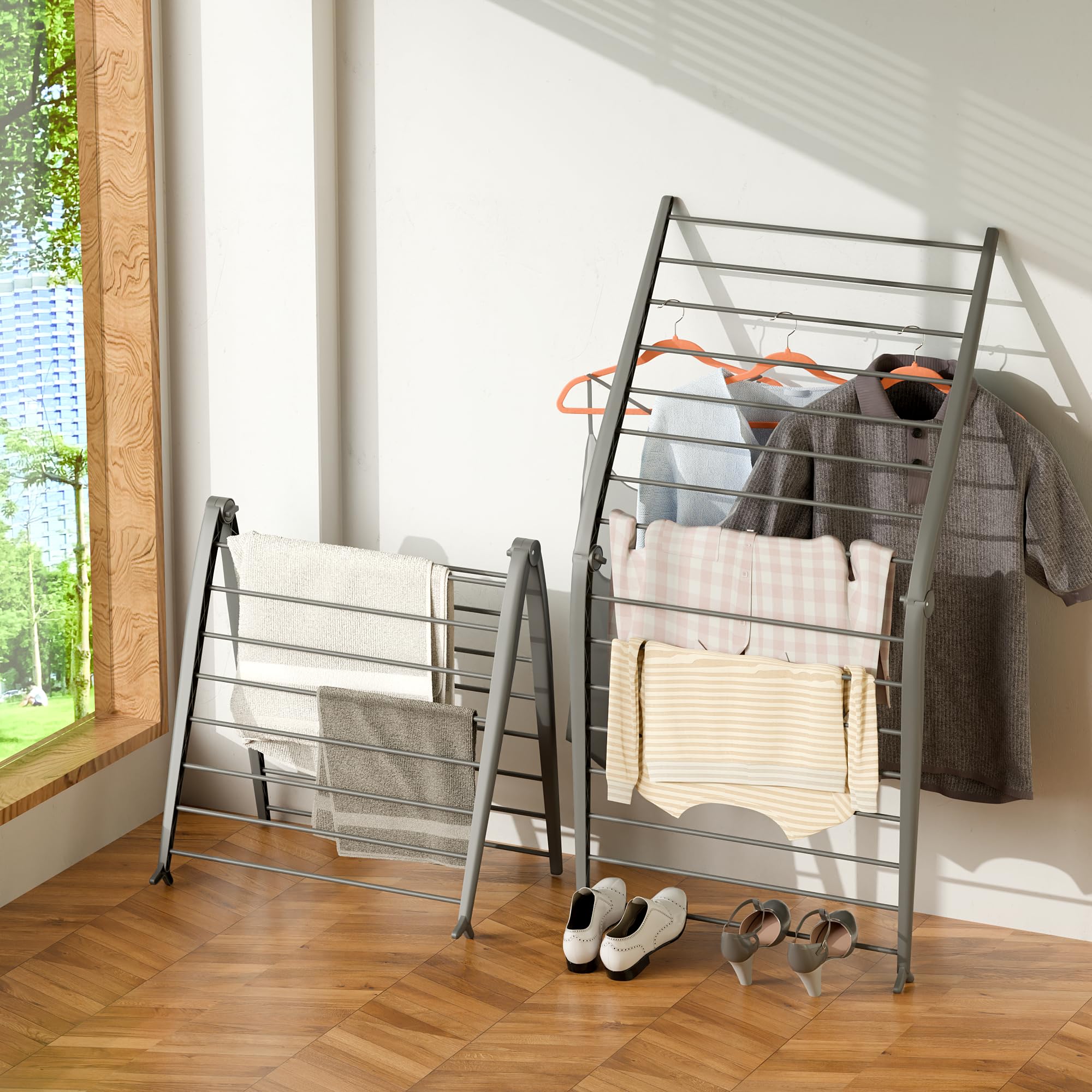 Whitmor Spacemaker folding-drying-rack with wall-lean design saves laundry space