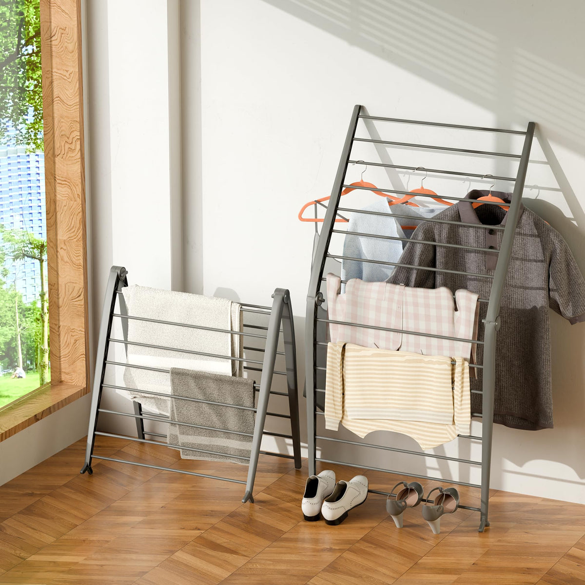 Whitmor Spacemaker folding-drying-rack with wall-lean design saves laundry space