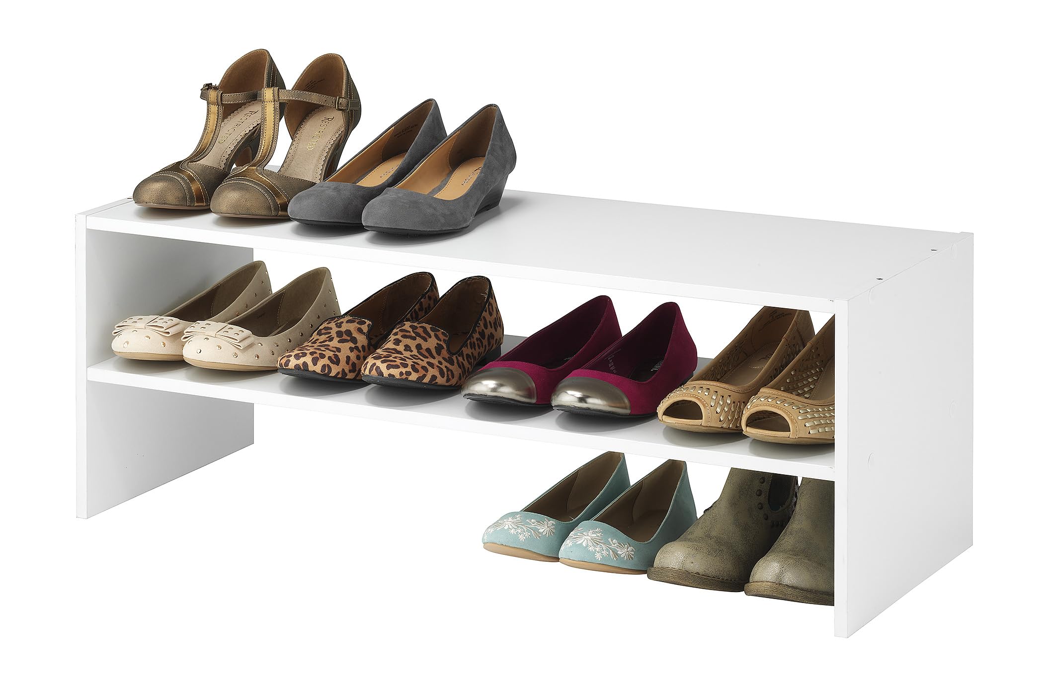 Whitmor stackable 31-inch organizer in white keeps closet shoes neatly arranged.