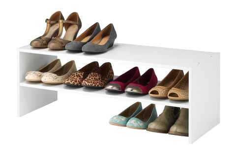 Whitmor stackable 31-inch organizer in white keeps closet shoes neatly arranged.