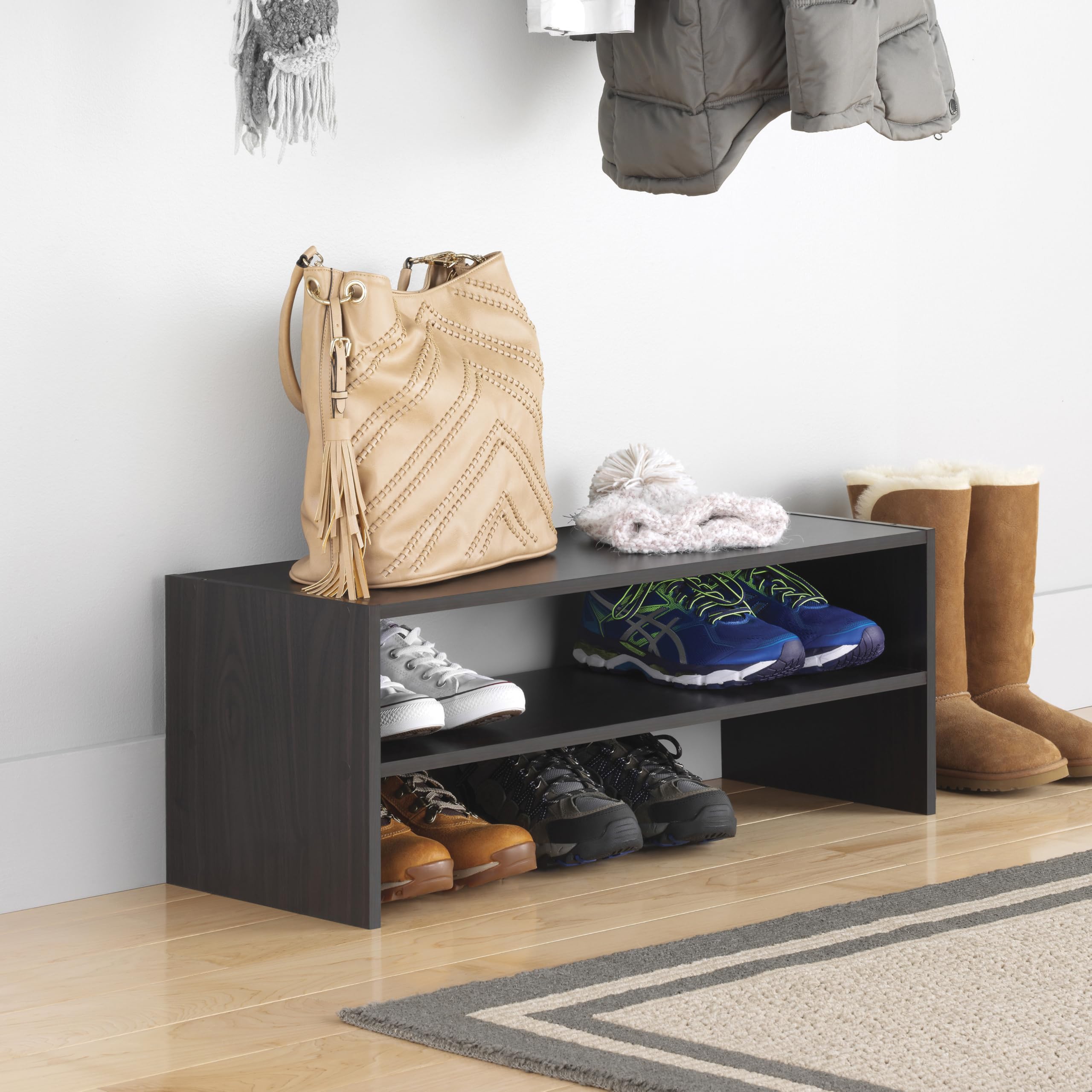 Whitmor Stackable Shoe Shelf assembly with included tools for quick setup.