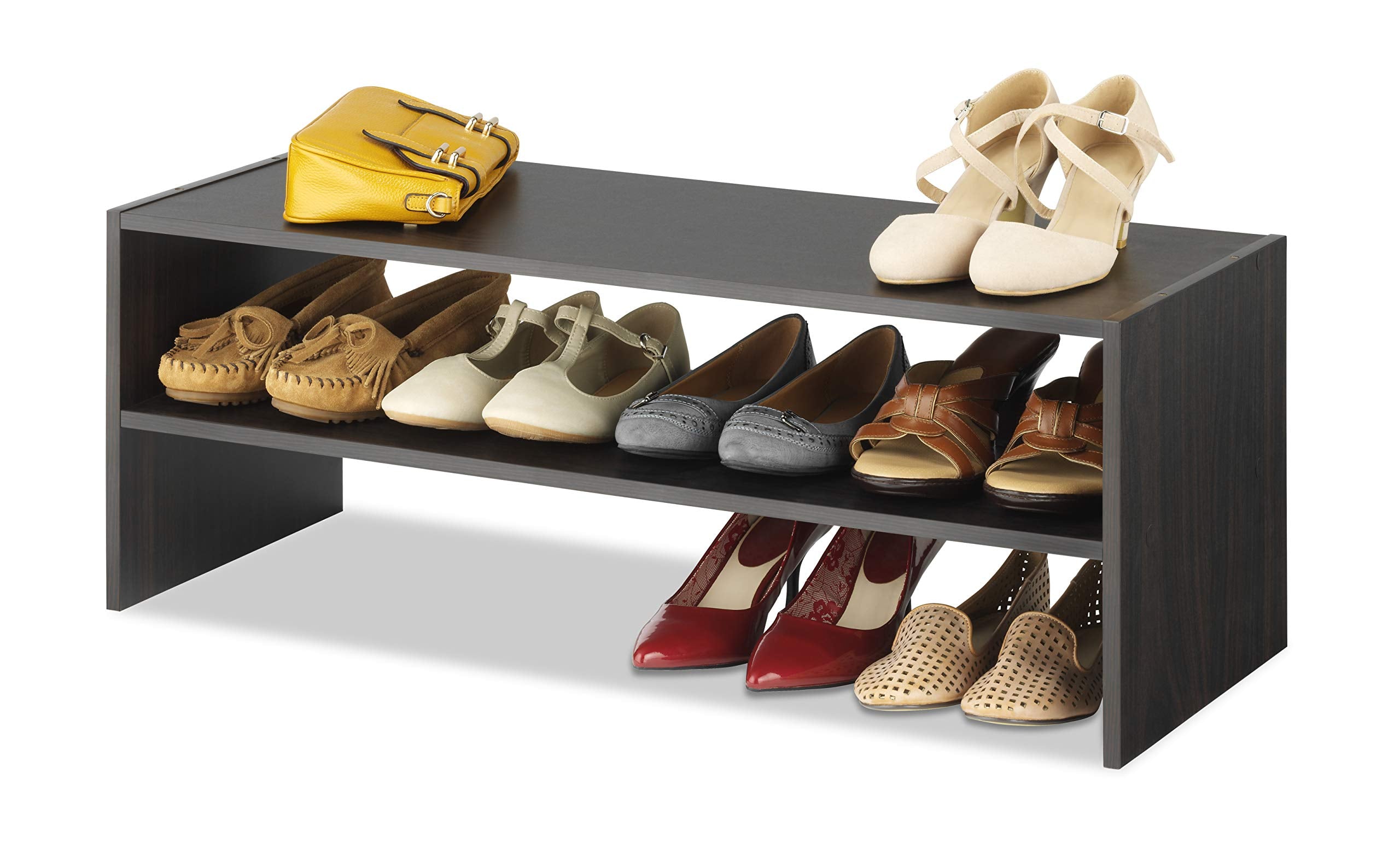 Whitmor Stackable Shoe Shelf holds nine pairs of shoes for organized storage.