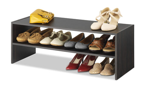 Whitmor Stackable Shoe Shelf holds nine pairs of shoes for organized storage.