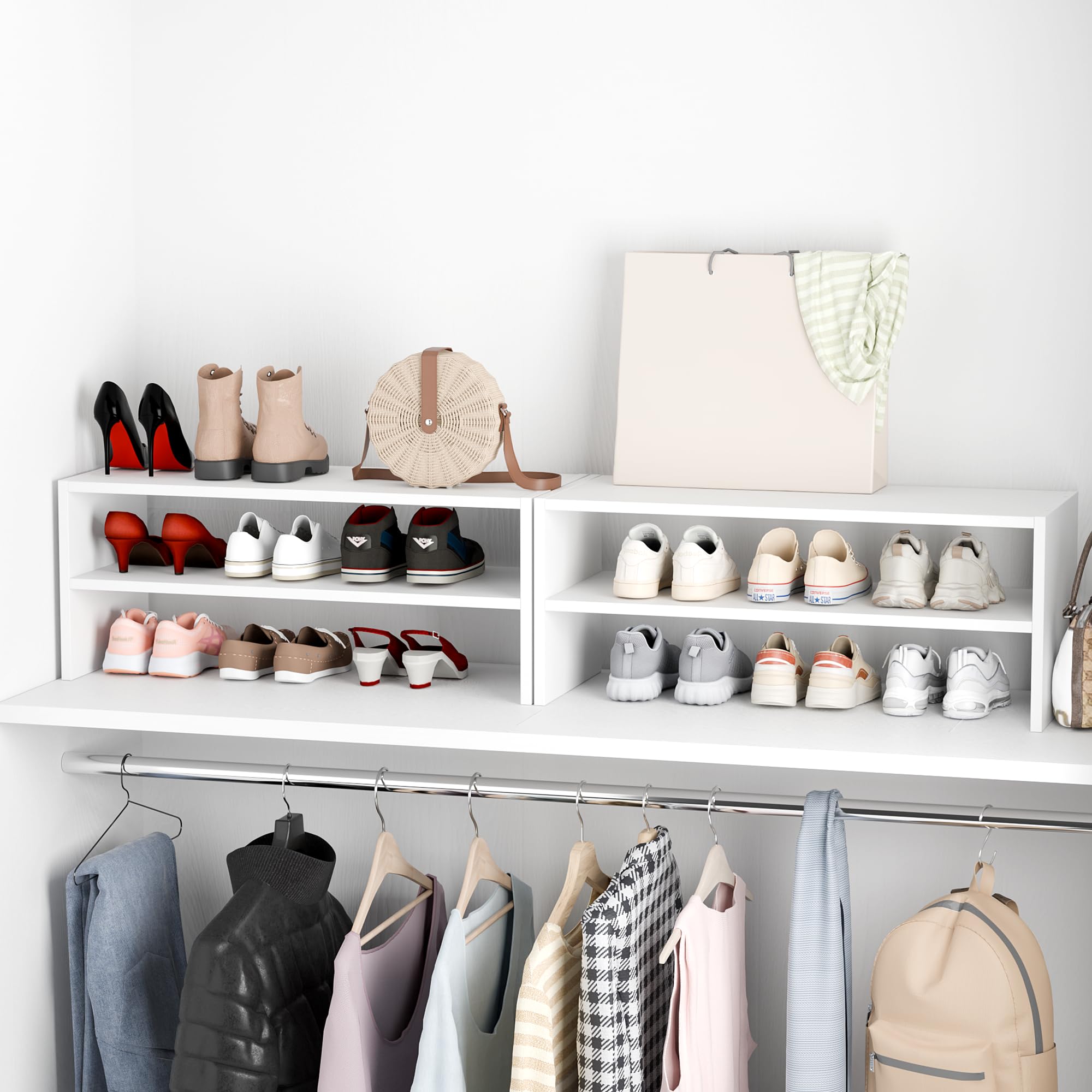 Whitmor stackable shoe rack in closet maximizes floor space.