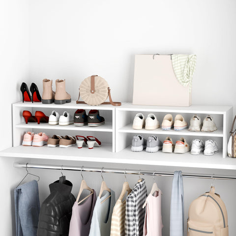Whitmor stackable shoe rack in closet maximizes floor space.