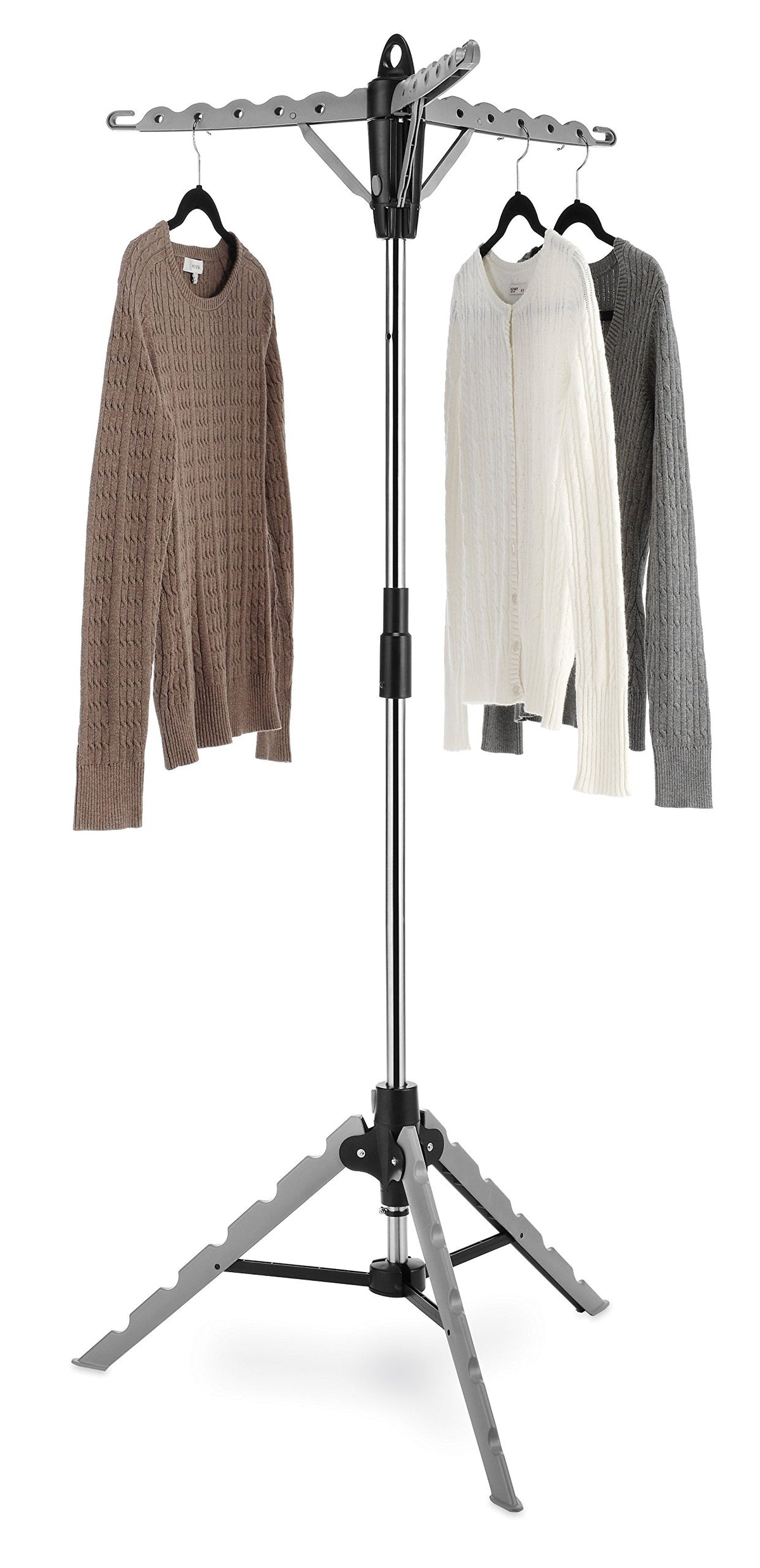 Whitmor tripod garment rack folded for compact storage and space saving.
