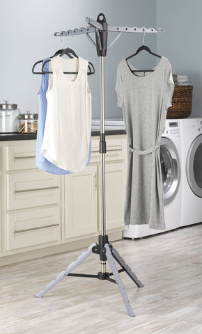 Whitmor tripod garment rack in use for efficient air-drying of clothes.