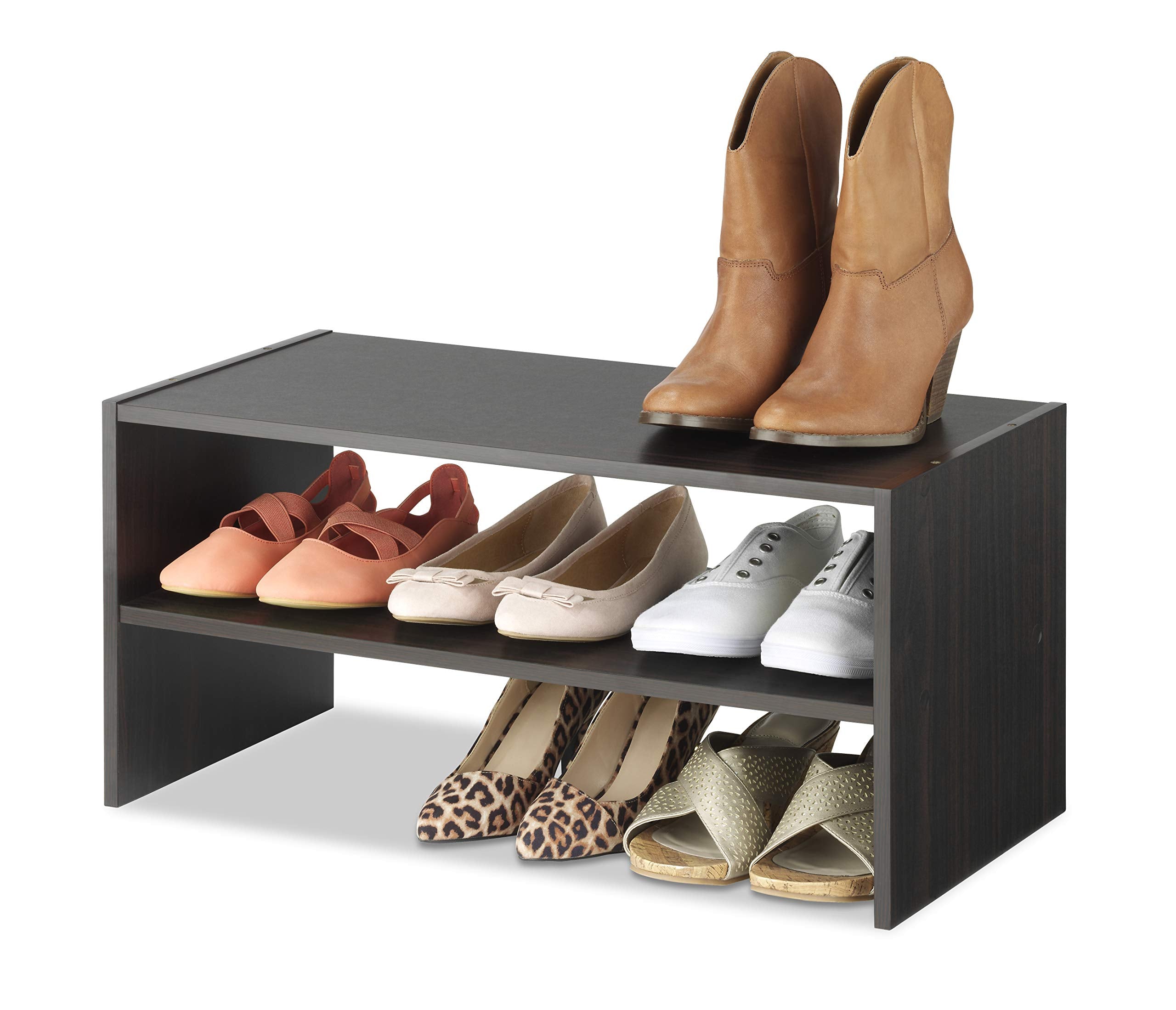 Whitmor wood stackable 2-shelf shoe rack assembly view highlights easy setup.
