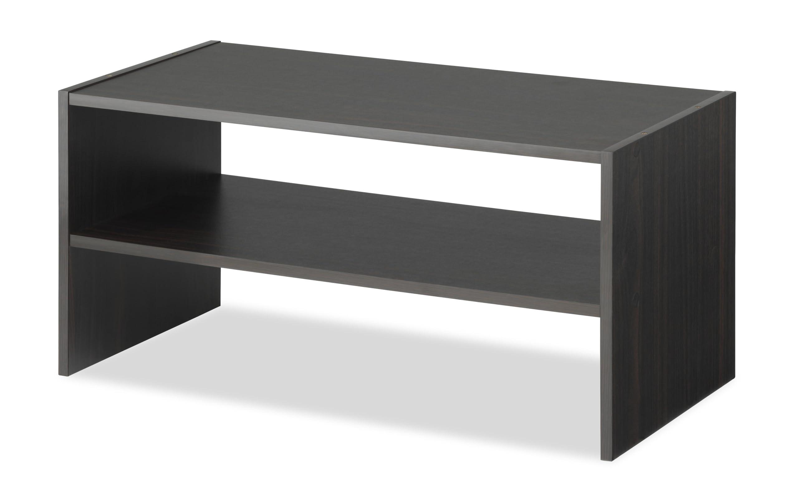 Whitmor wood stackable 2-shelf shoe rack side view fits narrow spaces.