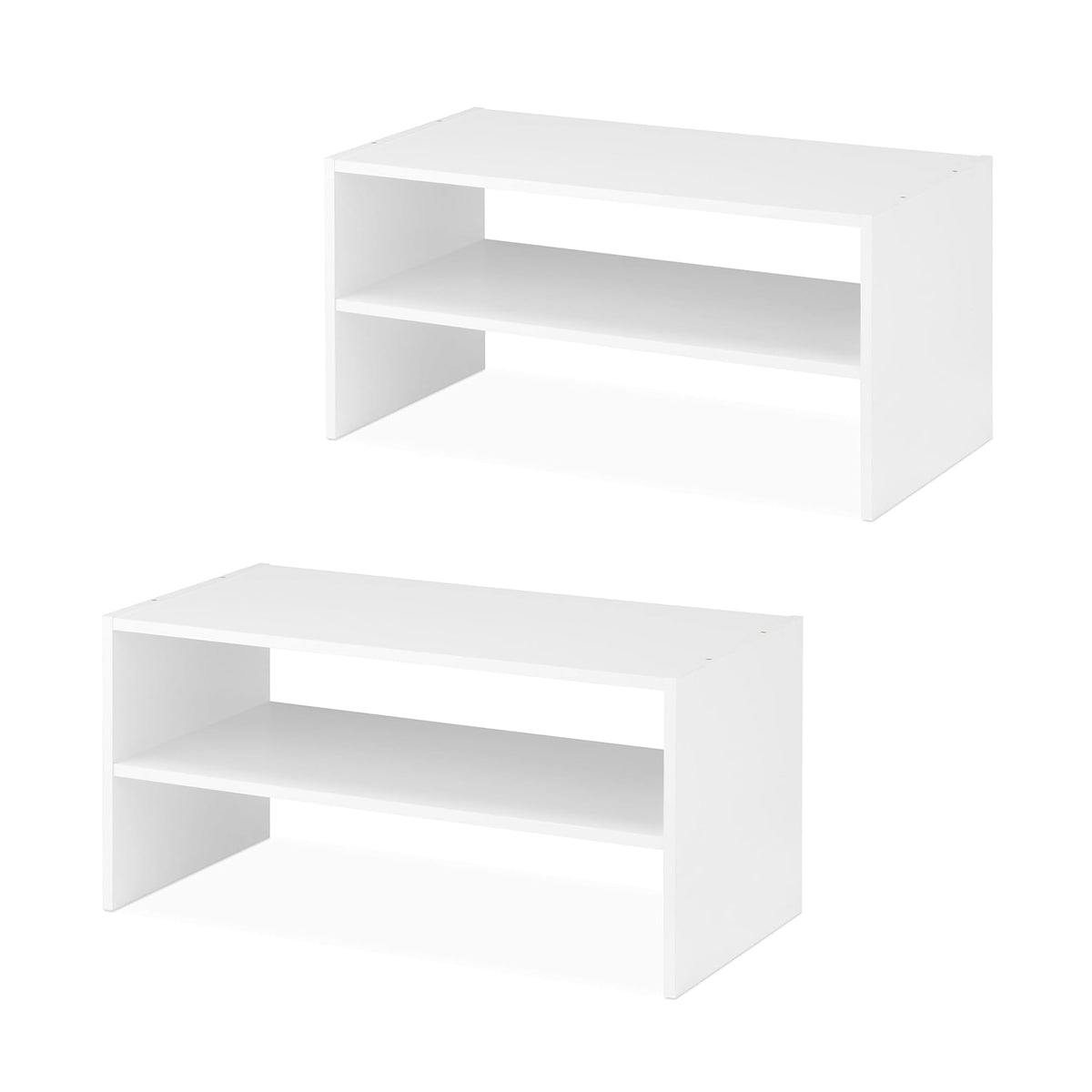 Whitmor Wood Stackable 2-Shelf Shoe Rack white, holds up to nine pairs of shoes.