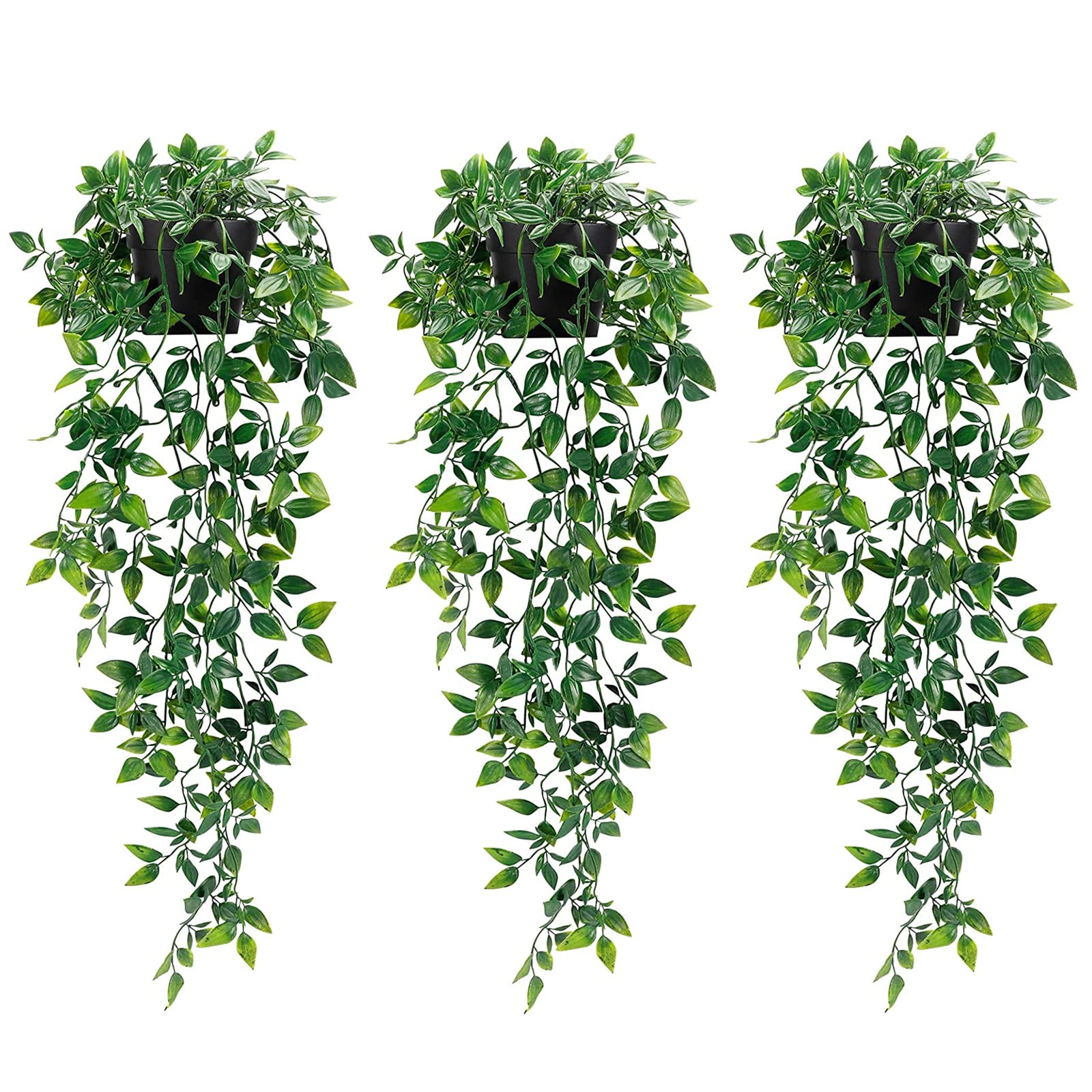 Whonline artificial hanging plants in black pots for quick wall decor with easy maintenance.
