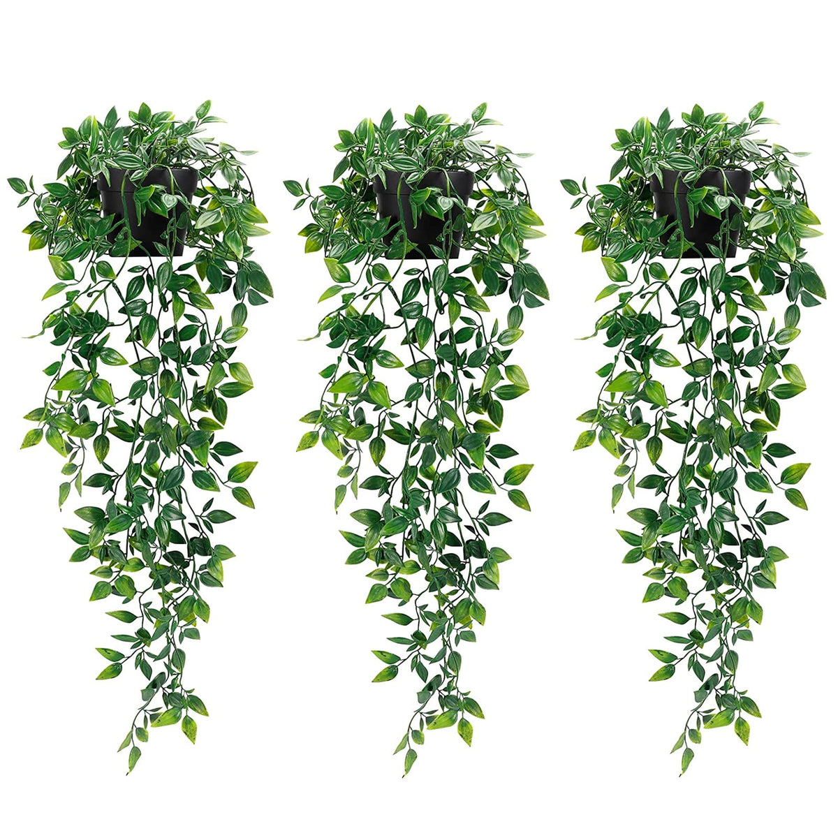 Whonline artificial hanging plants in black pots for quick wall decor with easy maintenance.