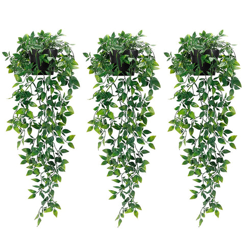 Whonline artificial hanging plants in black pots for quick wall decor with easy maintenance.