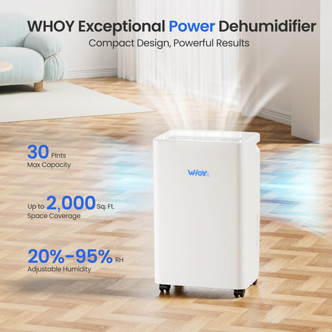 WHOY 30-Pint Dehumidifier control panel demonstrates app based remote moisture control.