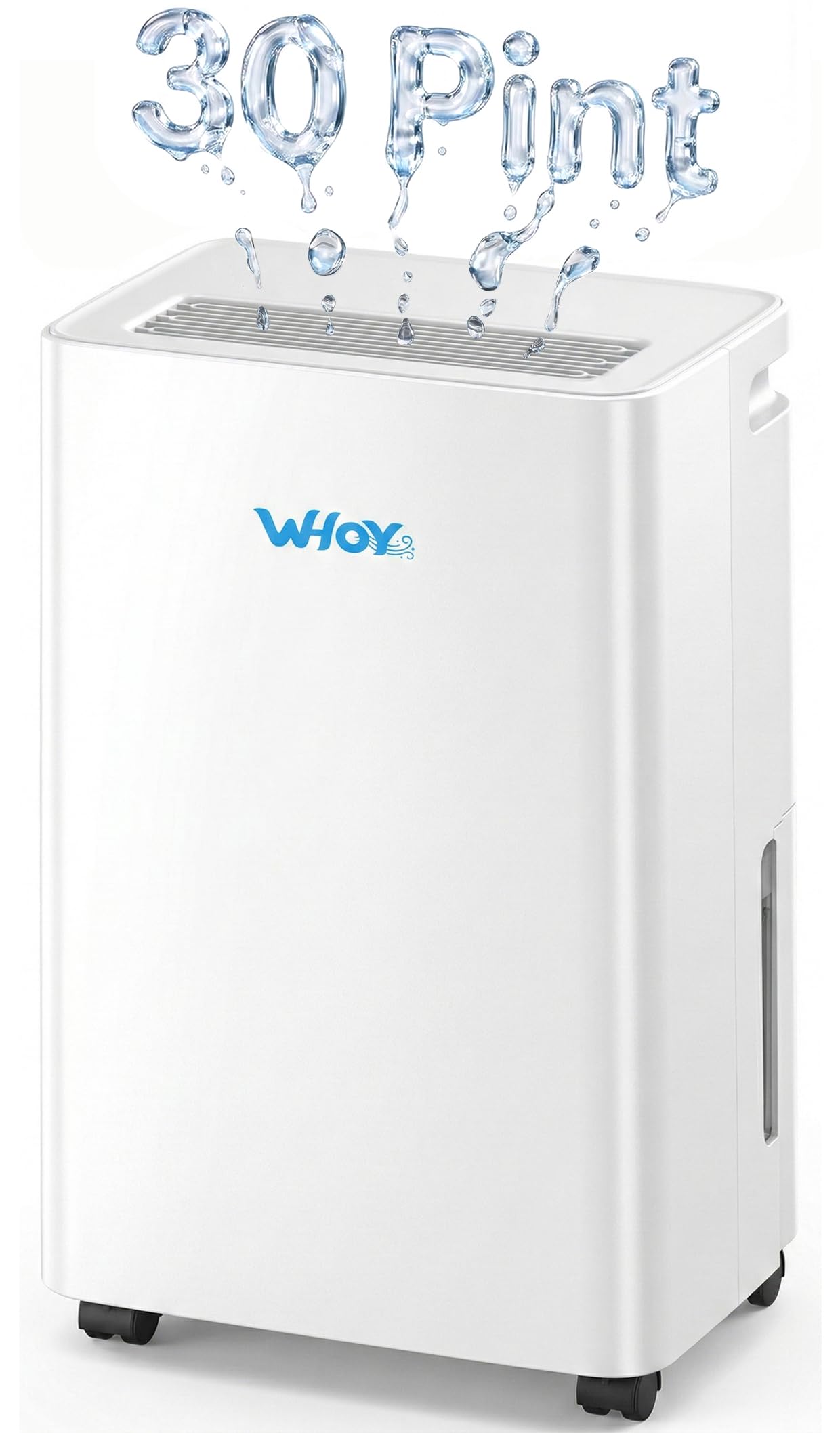 WHOY 30-Pint Dehumidifier front view in a living room, space-saving design.