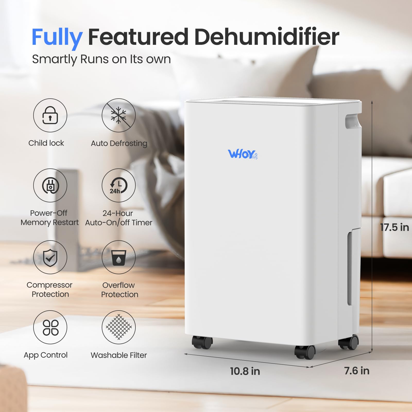 WHOY 30-Pint Dehumidifier water tank shows 1.6L capacity for easy refills.