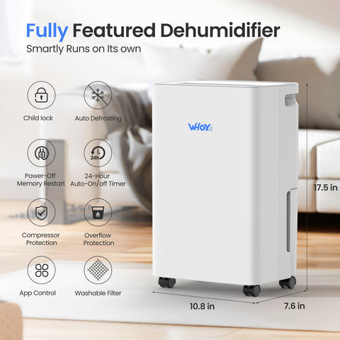 WHOY 30-Pint Dehumidifier water tank shows 1.6L capacity for easy refills.
