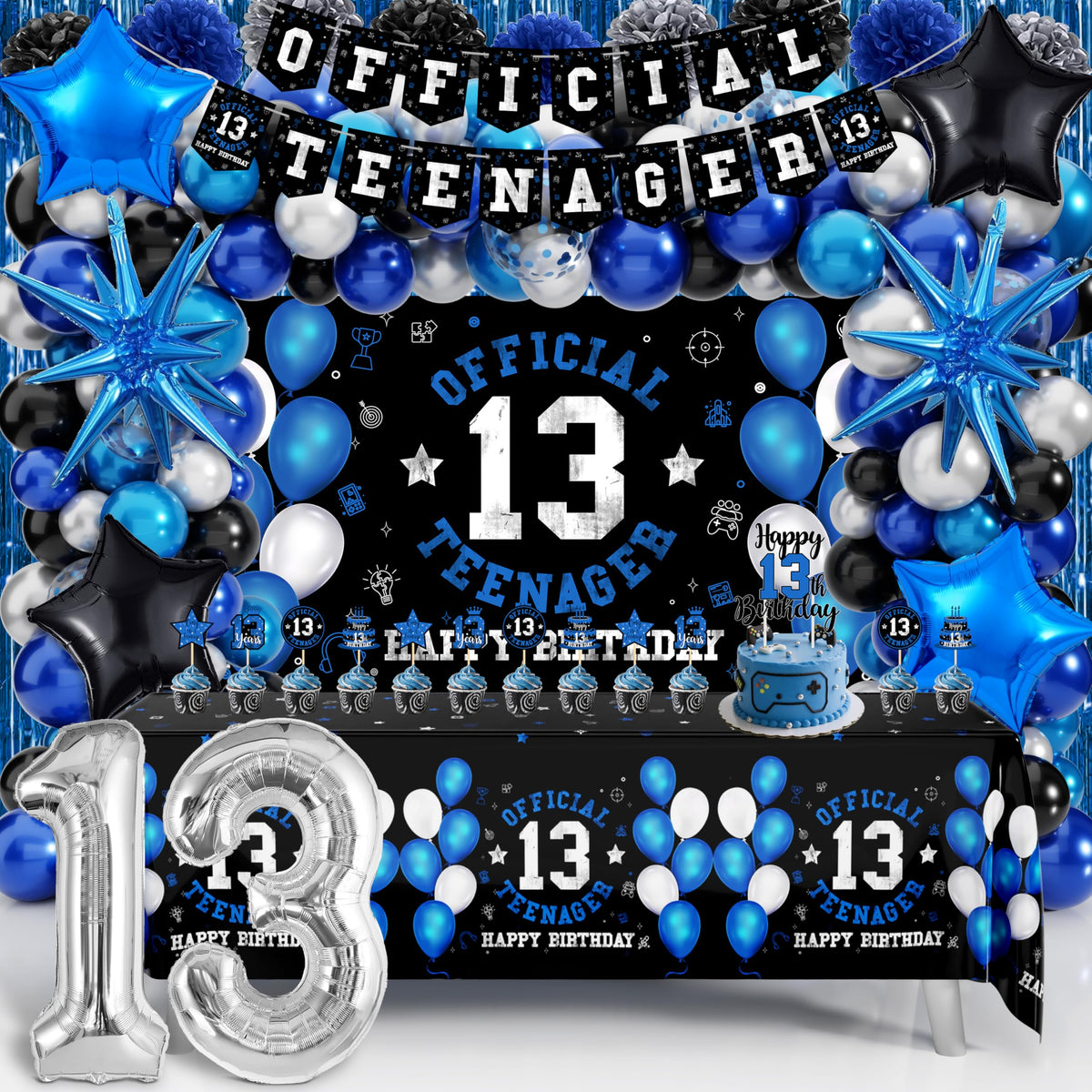 WHYMEO 13th birthday backdrop sets the stage with bold black blue and silver tones
