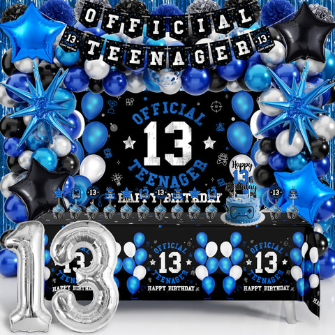 WHYMEO 13th birthday backdrop sets the stage with bold black blue and silver tones